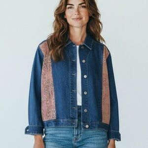 Vintage 90s Chico's Jean jacket suede panels Embroidery Beaded Asian Geisha